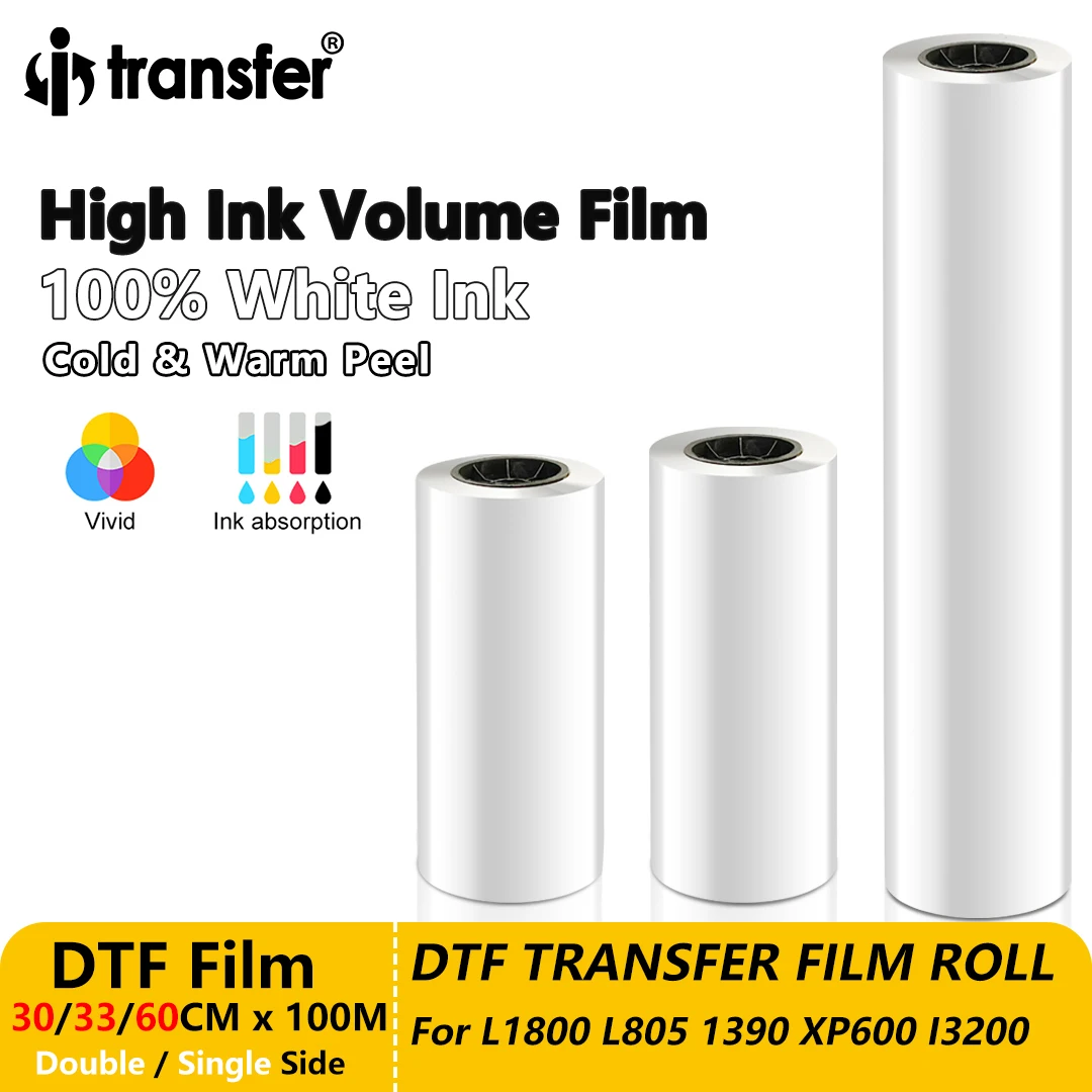 Película de transferencia DTF PET de 30/33/60cm x 100m, película DTF de alto volumen de tinta, impresión de transferencia directa para L1800 L805 1390 XP600 I3200