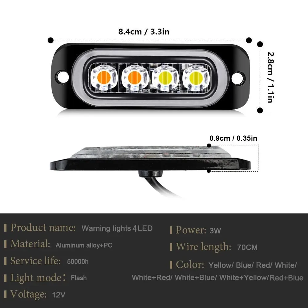 2Pcs Strobe Side Warning Lights 12-24V Grille Flashing Light Bars 4leds Cars Beacon Lamp Amber Lights White Amber