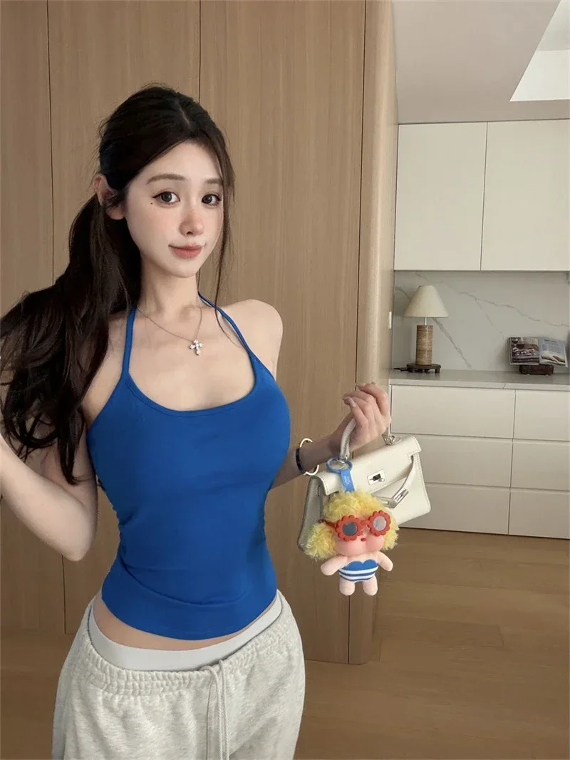 Koreanischer Stil Mehrfarbiges Crop-Top mit Bindeband und integriertem BH-Pad – Sexy, eng anliegendes Tanktop für Damen – Detail 28