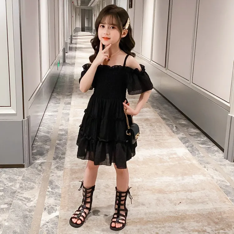 2023 New Summer mesh lace Dress Kids off shoulder mesh lace Princess teenager Girl Clothes Lapels Layer 5 7 8 6 9 11 12 14 year