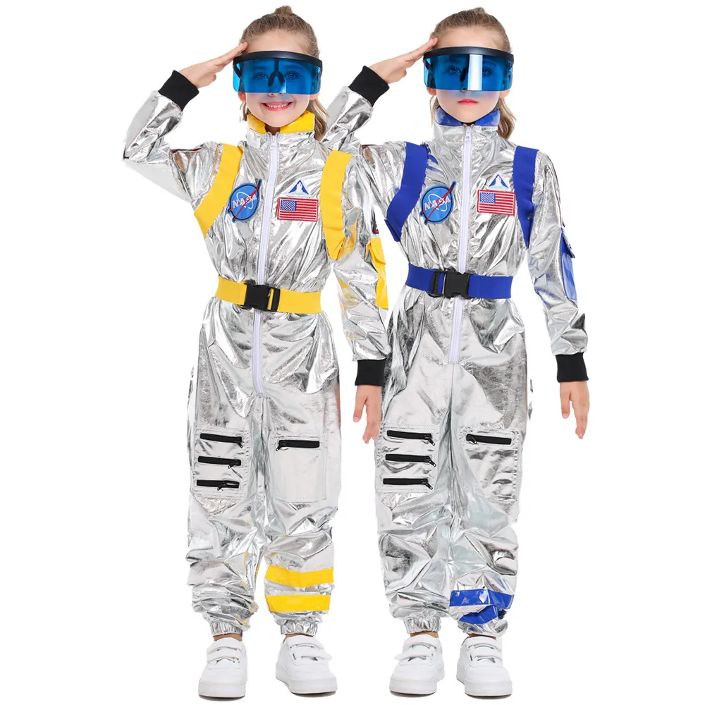 Children Astronaut Costume Kids Sliver Space Suit Boys Girls NASA Pilot Role Play Dress Up Halloween Spaceman Costume for Child