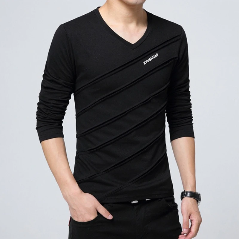 V Neck Slim Fit Male Pullover Designer Tops Casual 90s Vintage Elasticity Men's T-shirts Spring Normal Tee Emo Xxl Sweatshirt - view 4