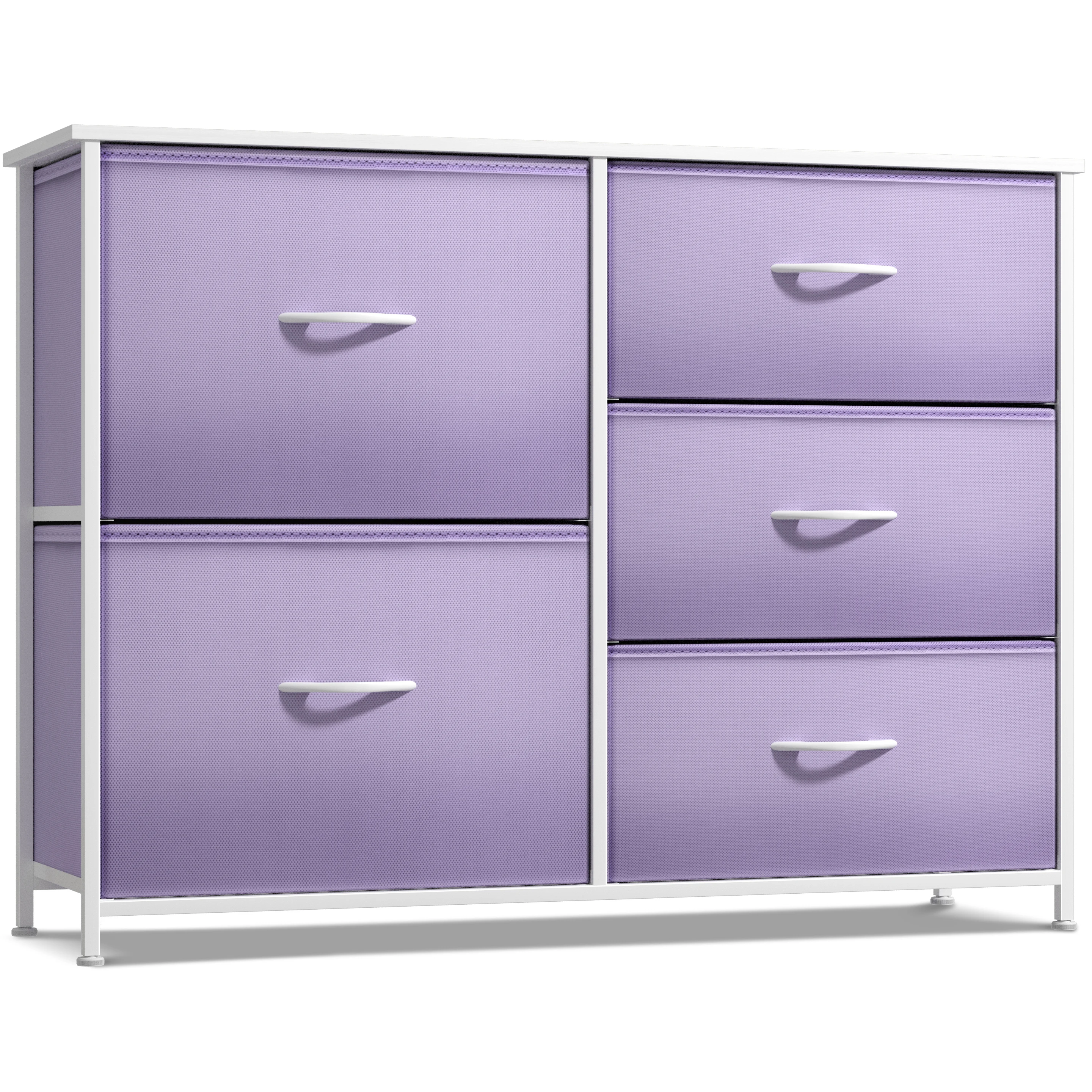 

5 Drawer Dresser Storage Chest with Steel Frame, Wood Top, Fabric Bins, Multi Pastel