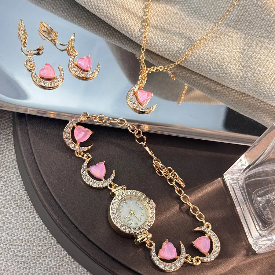 3pcs/set Romantic Women Jewelry Gifts Luxury Rhinestone Heart Moon Bracelet Wristwatches Earrings Necklace Christmas Gifts