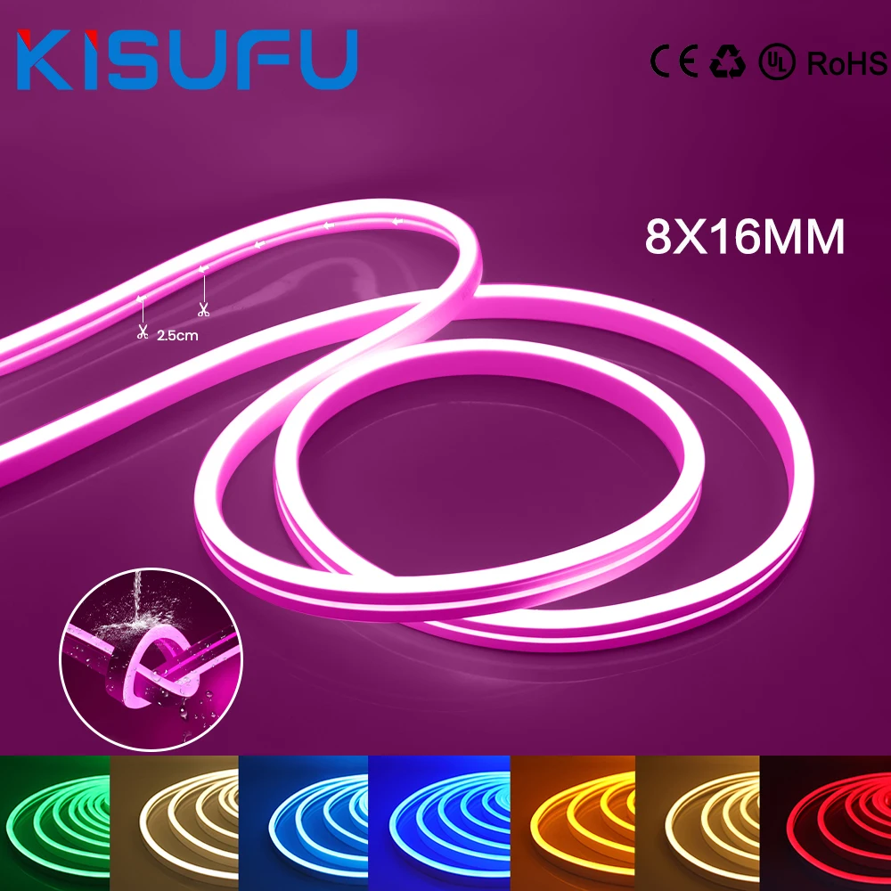 

8x16 мм светодиодная неоновая лента, водонепроницаемая, 12 В постоянного тока, 2835, 120 светодиодов/м, белая/синяя/розовая/желтая гибкая силиконовая лампа для уличного декора комнаты, 1-100 м