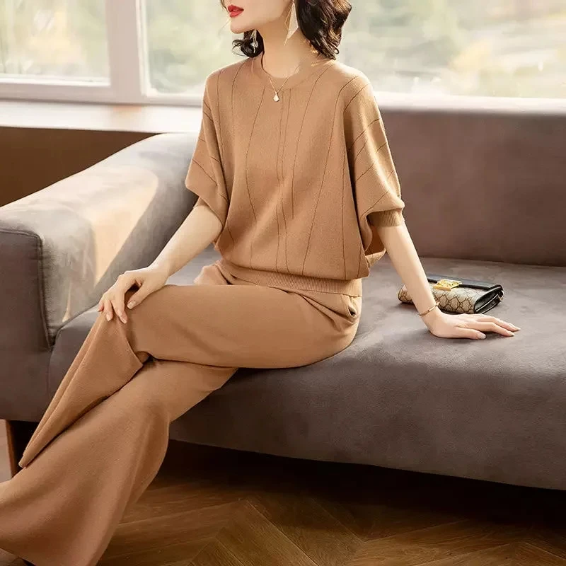 

Spring Summer Fashion Elegant Mom Knitted Suit Batwing Sleeve Pullover Tops Wide Leg Pants Two Piece Set Women Vintage Tracksuit