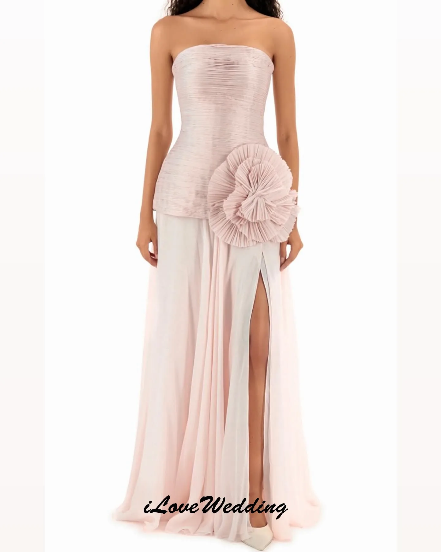 Vestidos de Noche sin tirantes de gasa rosa 2025, elegante vestido de fiesta de boda para mujer, vestidos formales hasta el suelo con flores 3d personalizados