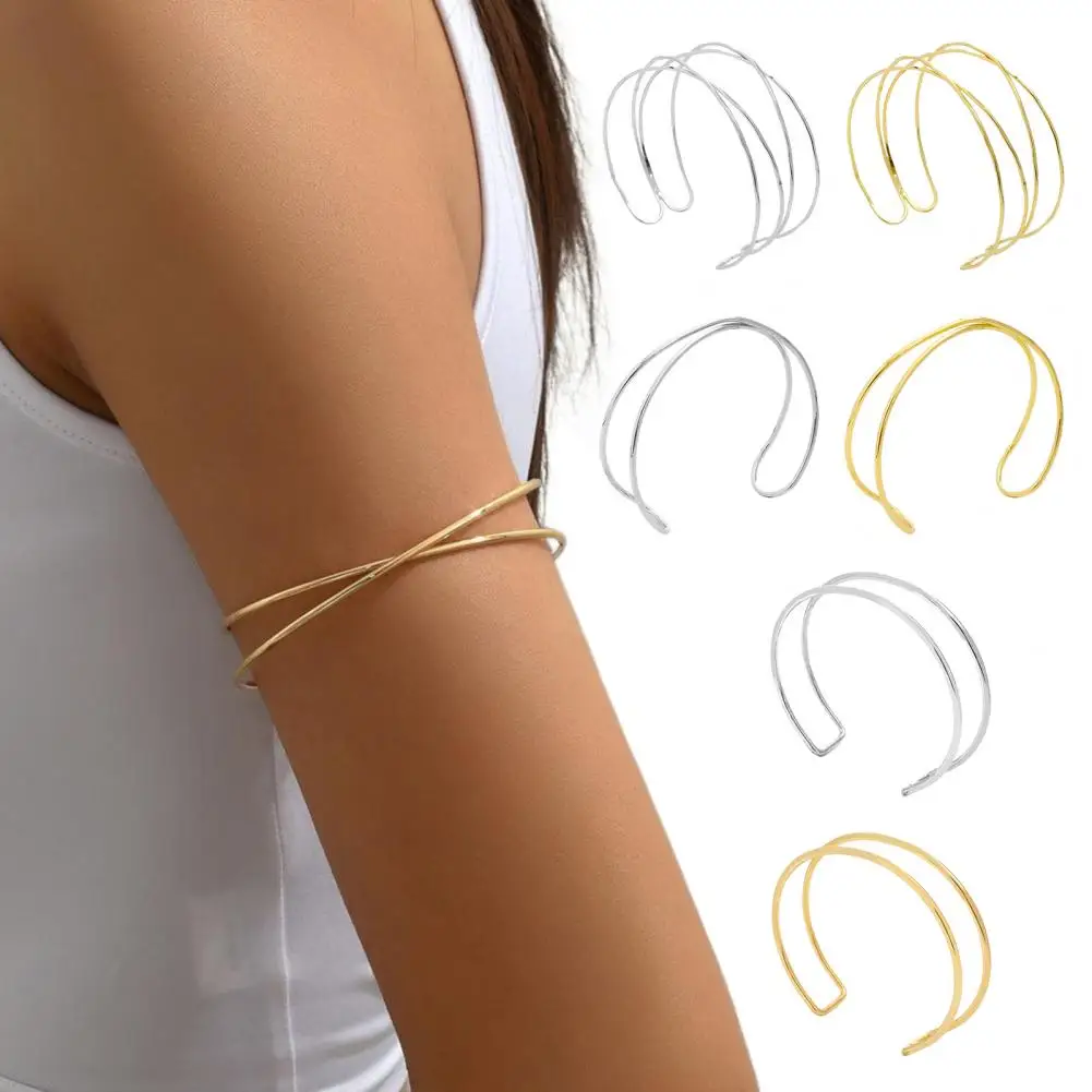 2 Pcs Women Bracelets Double-layer Open Adjustable Exaggerated Style Bangle Solid Color Metal Arm Cuffs Lady Jewelry