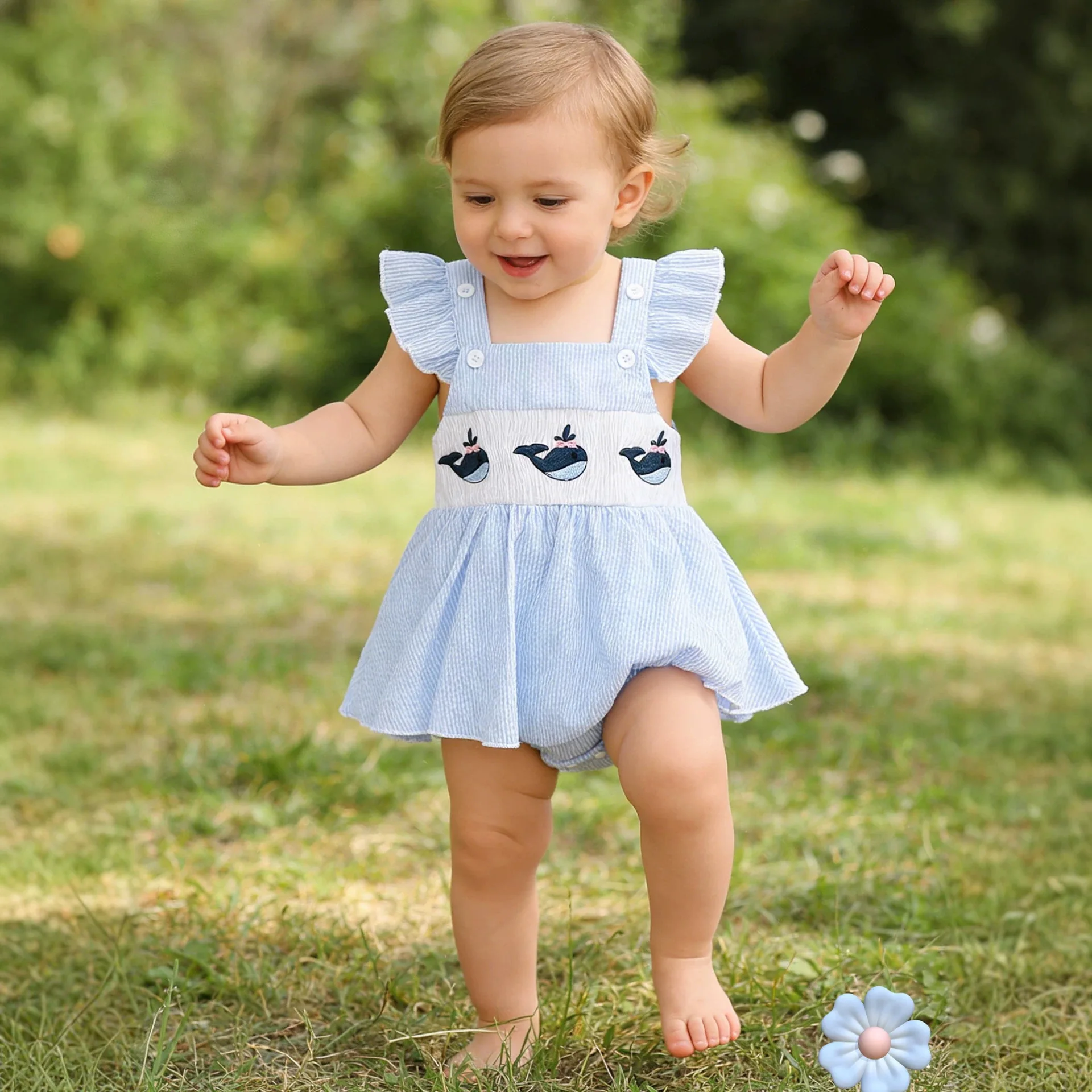 Summer baby girl flying sleeve onesie blue and white striped whale embroidered cute baby climbing suit going out skirt Romper