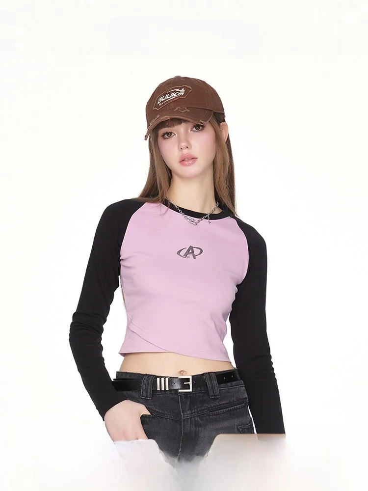 Guukahero Women's Slim Fit Short Sleeve T-shirt Long Sleeve Contrast Color Shoulder Insert Design Sweet Style Cotton Blend Top