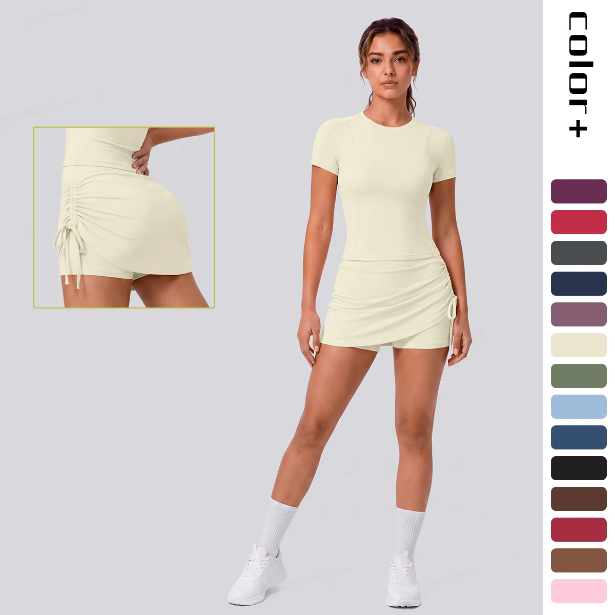 Woman 2pcs Yoga Set Solid Color Quick Drying Short Sleeve T-Shirt Top Fitness Training Top Peach Buttocks Shirring Tennis Skirt