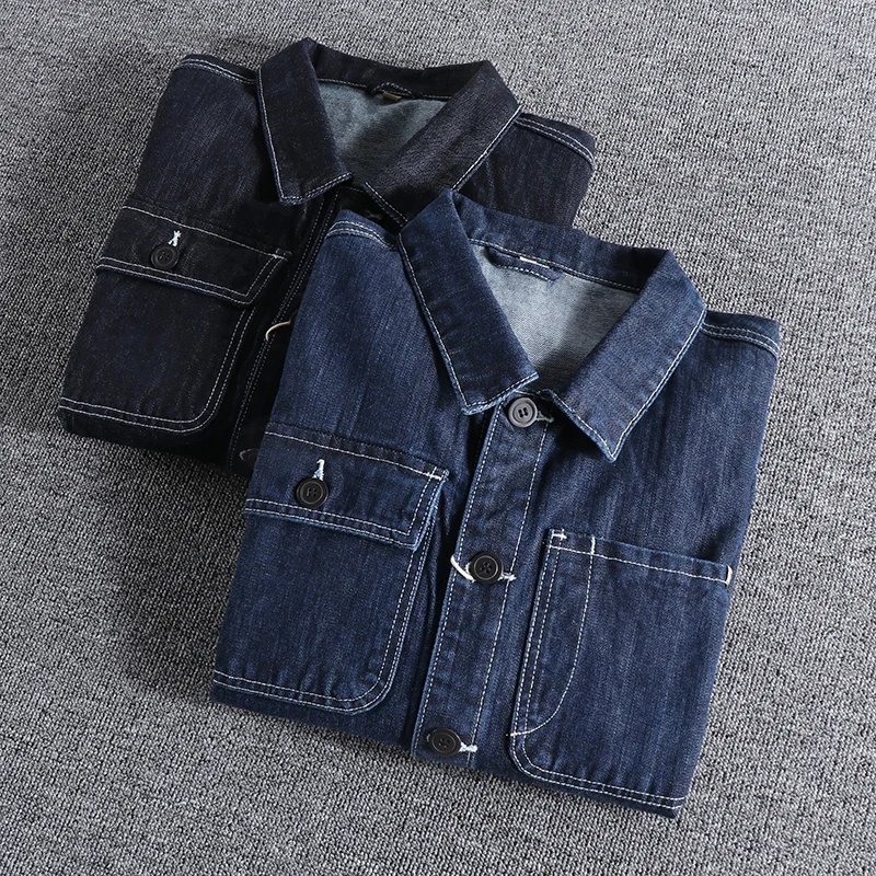 Autumn Retro Cargo Denim Jacket Men\'s Clothes Casual Jeans Coat Original Color Washed Pockets Loose Oversized Western Shirt Tops