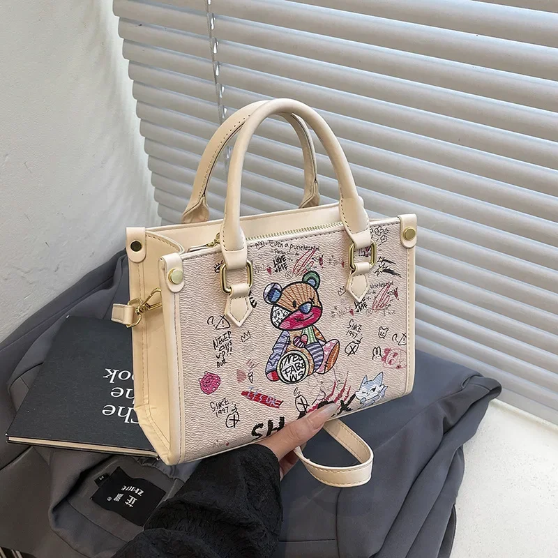 

2025 Cute Bear Doodle Crossbody Bag Women's Fashionable Shoulder Purse Spacious Work Tote Minimalist Casual Office Handbag