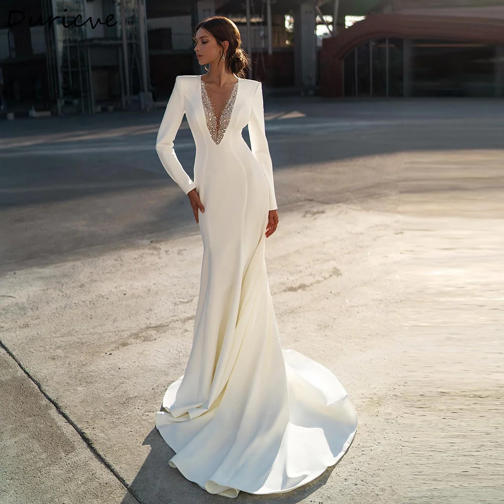 Duricve Customized Vestido De Noiva Simple Satin Mermaid Wedding Dresses Diamond Beading Long Sleeves Beach Bridal Gowns 2027
