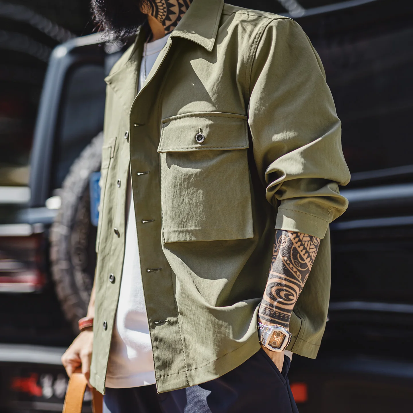 Maden Men's M43 Field Jacket Military Shirt Jacket Olive Green Heavyweight Overshirt Utility Pockets Workwear Coat Fall