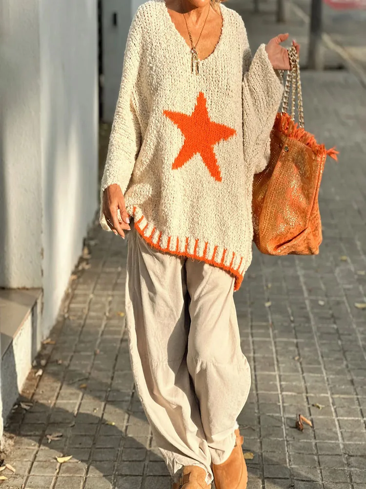 

Fashion High Street Patchwork Sweater Lady Sexy V Neck Loose Knit Pullover Fall Winter Casual Star Pattern Long Sleeved Sweater