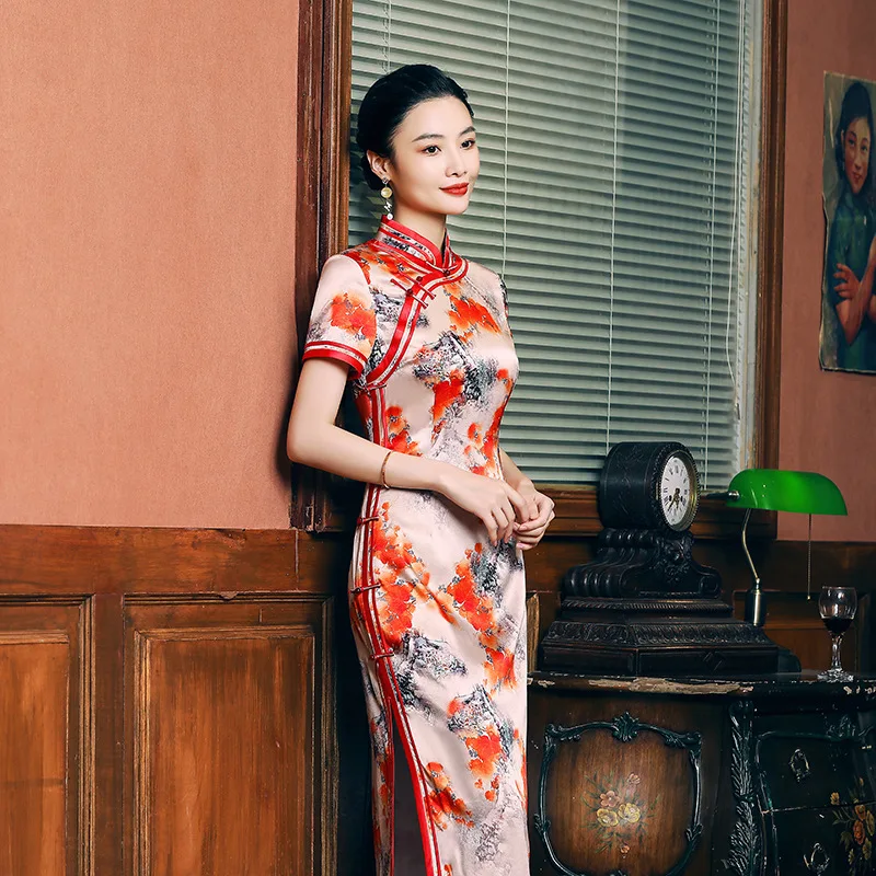 High Quality High-End Real Silk Cheongsam Qipao Female 2024 New Summer Short Sleeve Chinese Style Young Long Dress