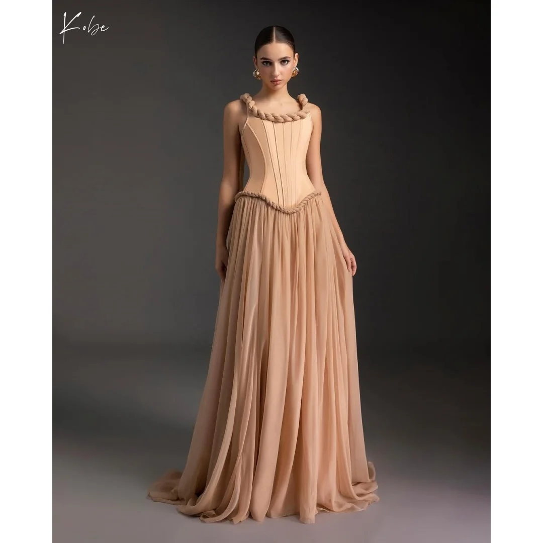 

Kobe Customized Brown Spaghetti Strap Sleeveless Prom Dresses Backless Mesh Fabric Evening Dresses Floor-Length Party Dresses