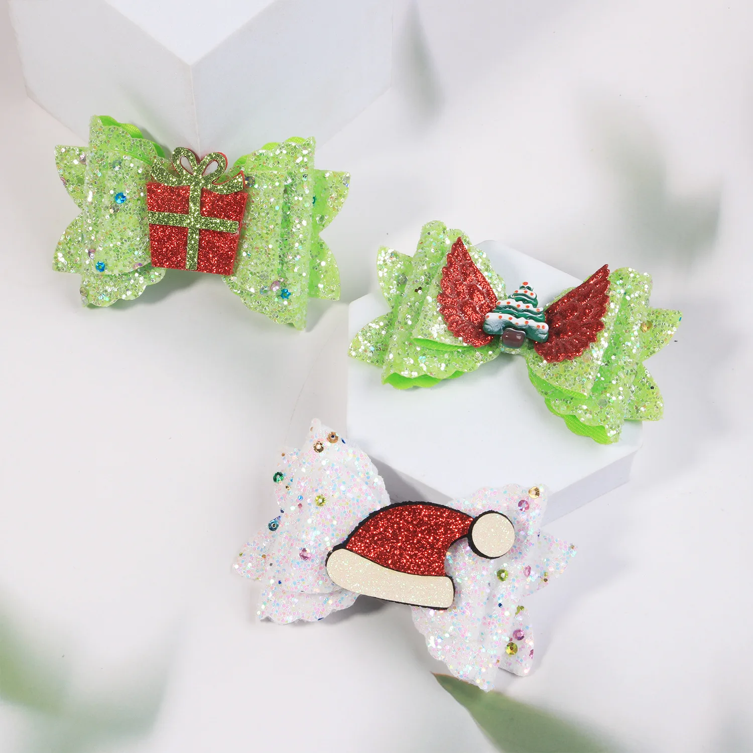 10 قطع من مشابك الشعر اللامعة والترتر اللامع على شكل فيونكة، مجموعة إكسسوارات حفلات عيد الميلاد للنساء والفتيات