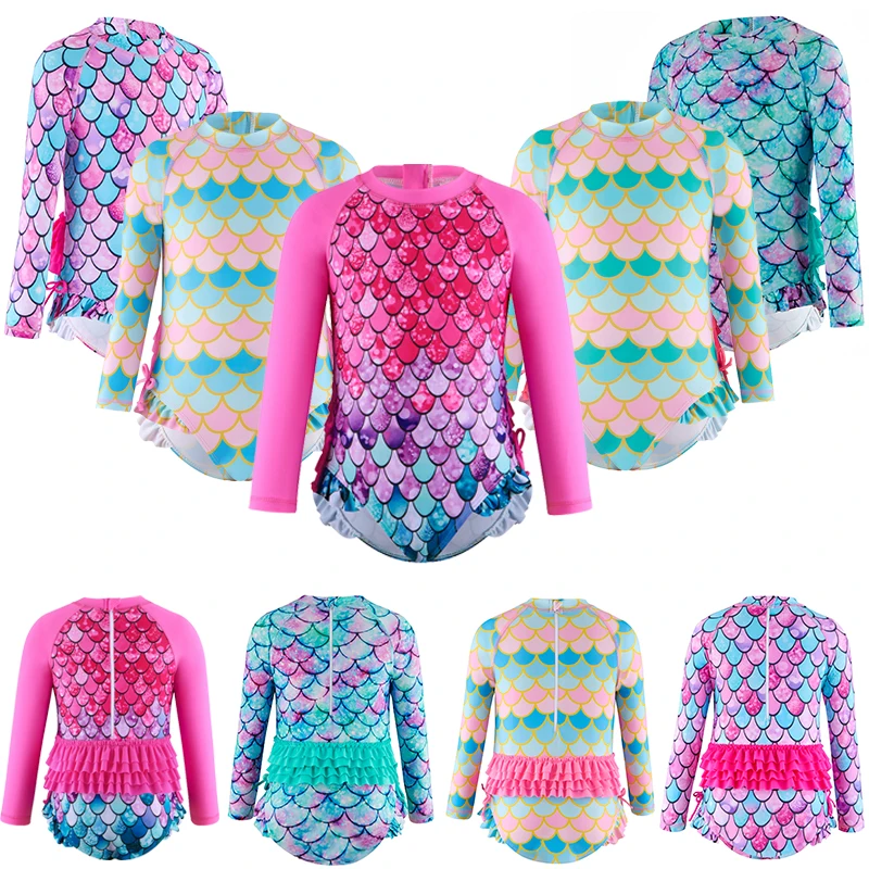 Kids Clothes Girl Swimsuits Fish Scale Print Ruffle Long Sleeves Zipper Bodysuit Beachwear Bathing Suits Baby Swimming Clothing