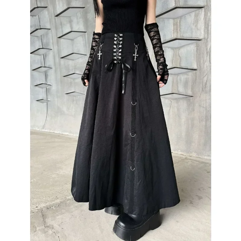 

Punk Sexy Girl Cross Pendant Black Long Skirt Goth 2024 Spring and Autumn New Subcultural Girls Mid-length Skirt Faldas Largas