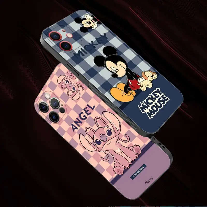 Disney Stitch Mickey Minnie Checkered Phone Case For Apple iPhone 15 11 14 13 12 Pro Max 13 12 Mini XS XR X Silicone Cover Funda