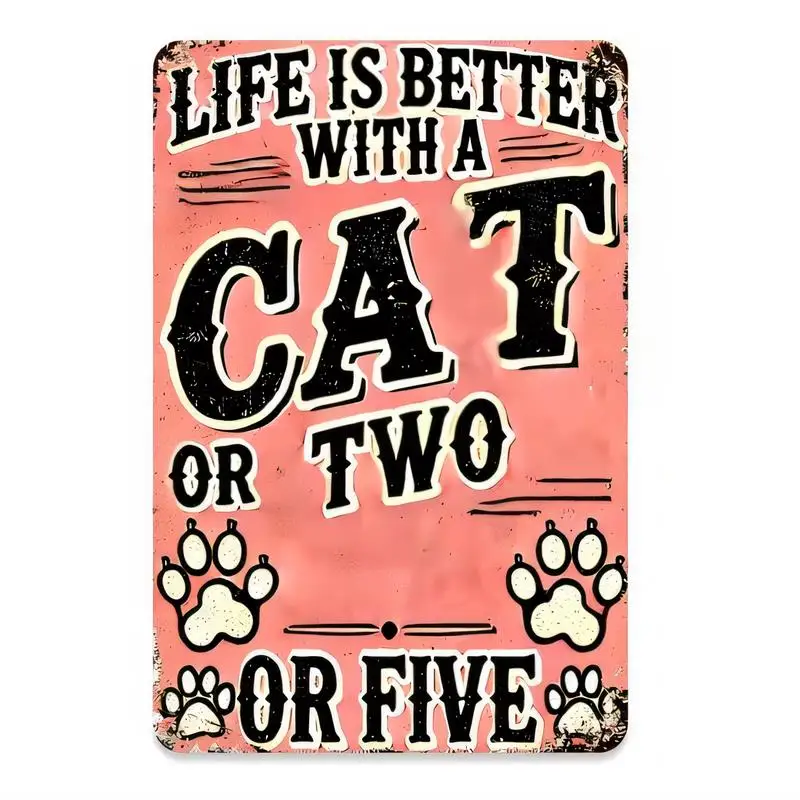 Vintage Pink Metal Cat Sign with Paw Prints - Retro Life is Better with a Cat or Two/Five Wall Decor, Iron, Perfect for Cat Love