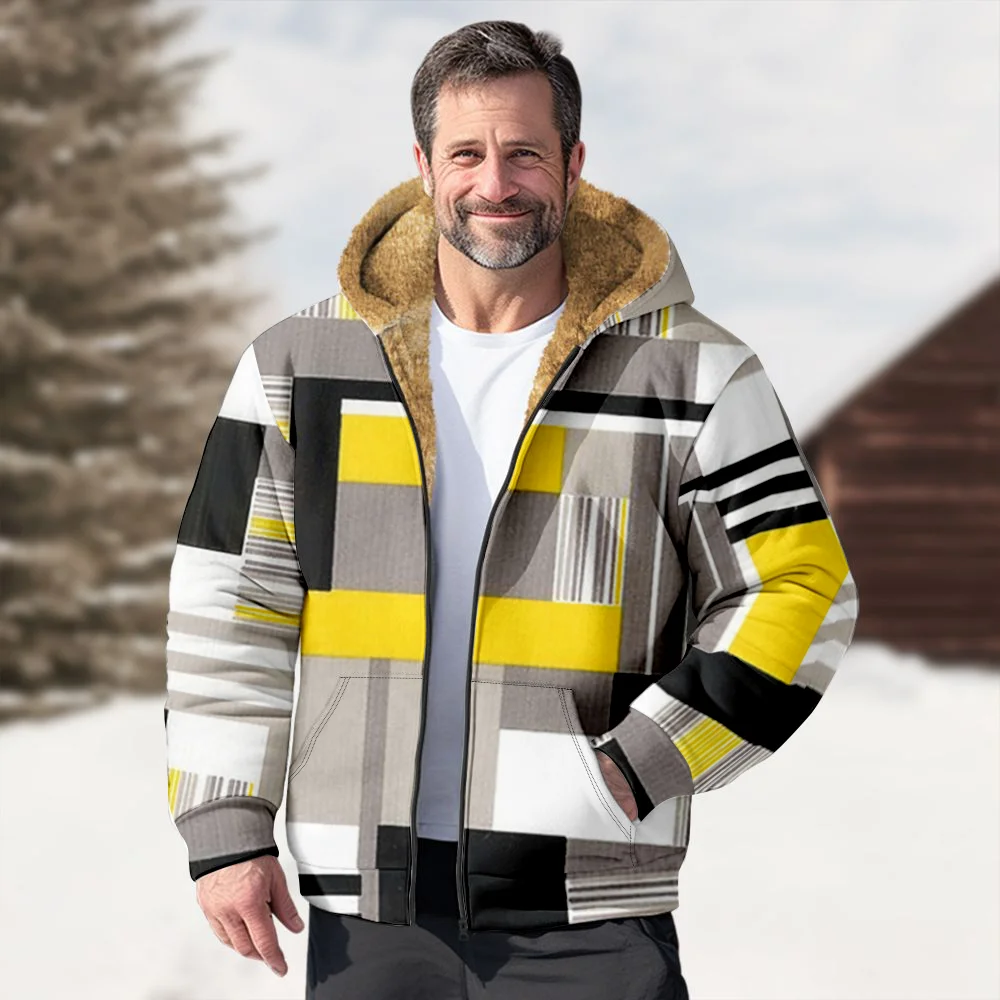 Abrigos de chaquetas de invierno para hombre, abrigo informal de algodón con patrón geométrico a cuadros amarillo y negro, elegante viaje coreano