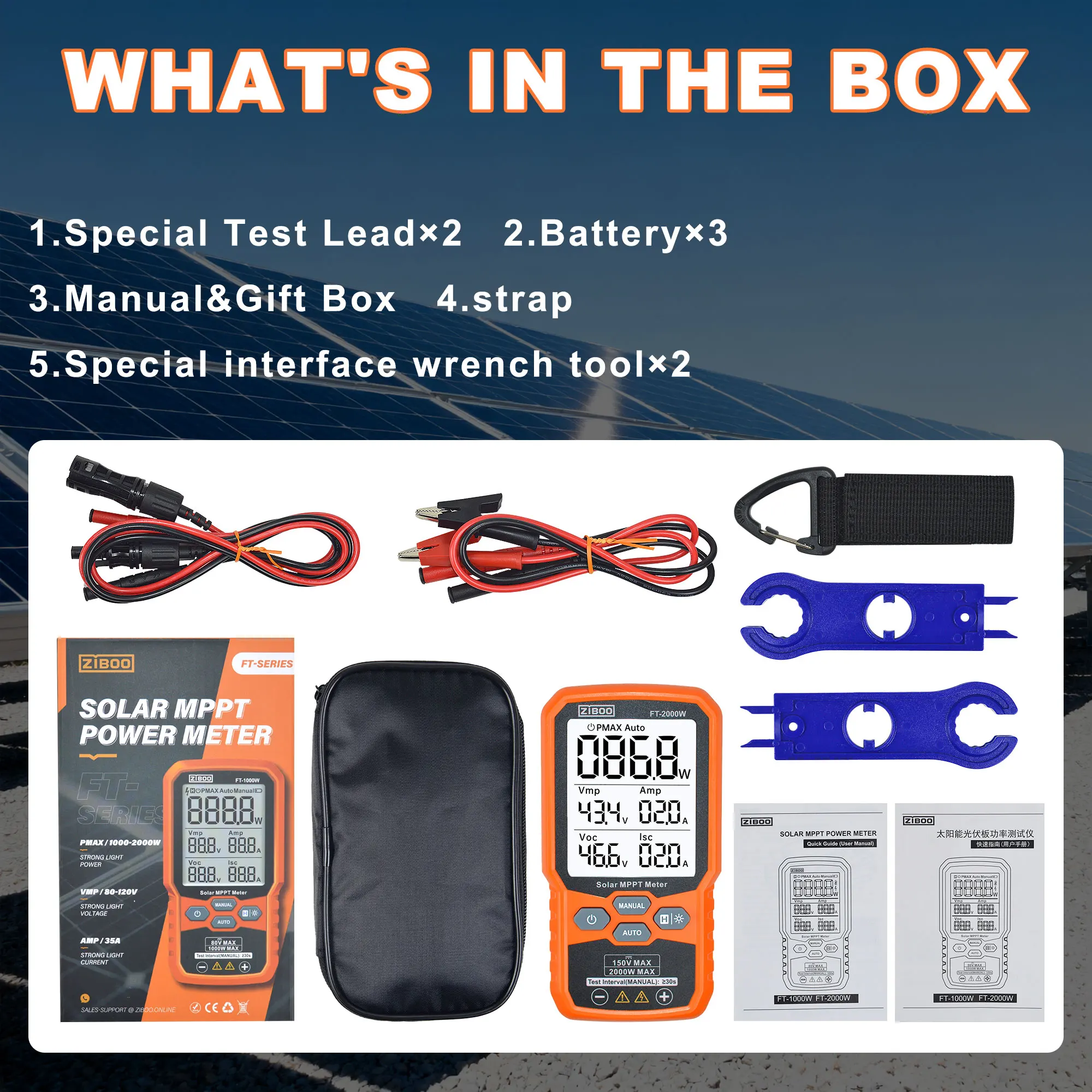 Order Now!Solar Tracker Multimeter,Solar MPPT Meter ZIBOO FT-2000W  Photovoltaic ,Open Circuit Voltage Short Circuit Current.