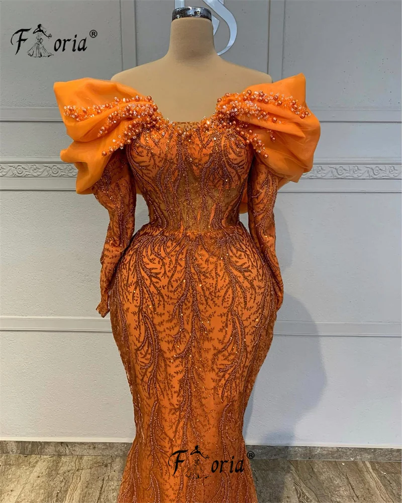 Oranje Off The Sholder Formele Feestjurk Parels Lange Mouwen Dubai Vrouw Zeemeermin Avondjurk Custom Made Kralen Robe De Soiree