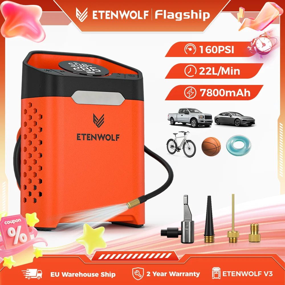Neuer Luftkompressor für Autos ETENWOLF V3 – 160 PSI, 100 % Einschaltdauer, 7800 mAh Akku, Reifenfüller für Autos, Motorräder, Fahrräder und Bälle.