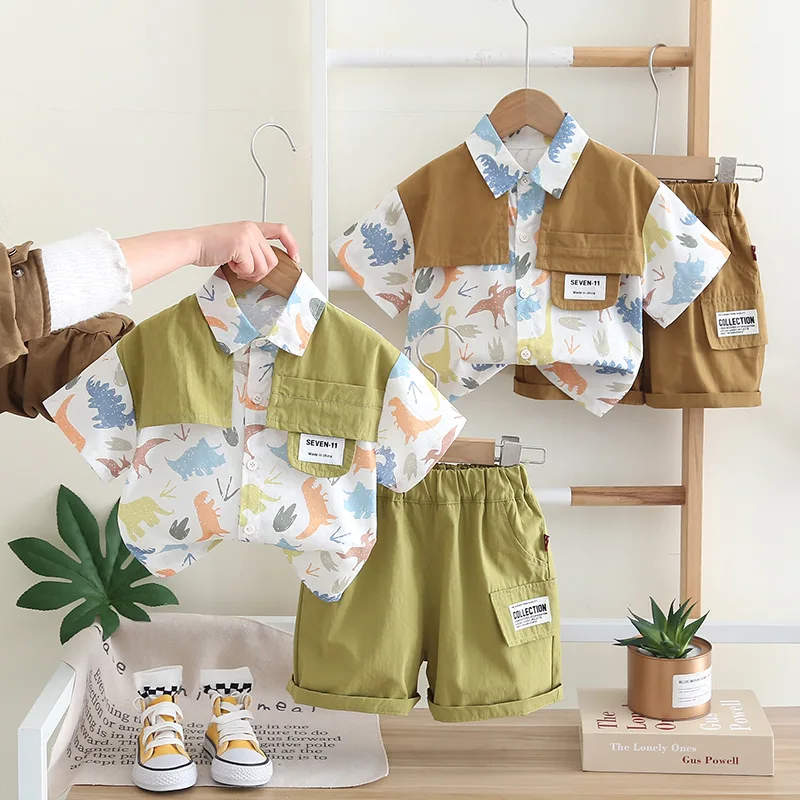 

2025 Summer New Children's Animal Printed Splicing Cotton Fabric Design Short Sleeve Shirt and Shorts Set