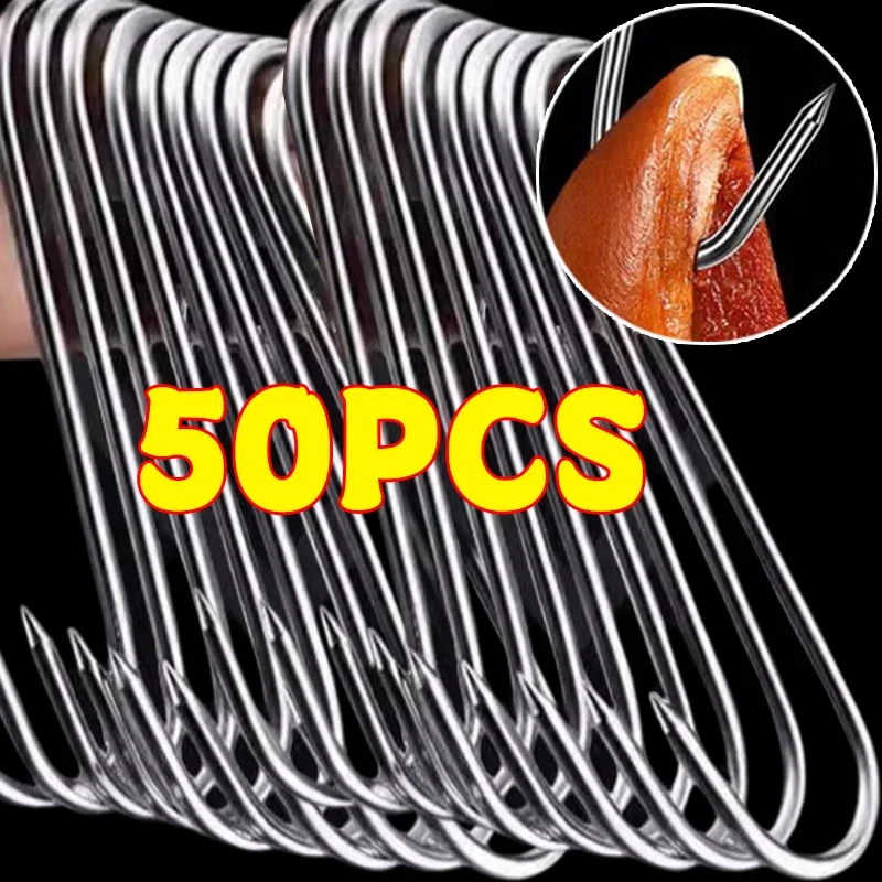 

50/10pcs Stainless Steel S Hooks Sharp Tip Meat Hanging Hooks Butcher Shop Kitchen BBQ Sausage Bacon Hams Smoker Duck S Hanger