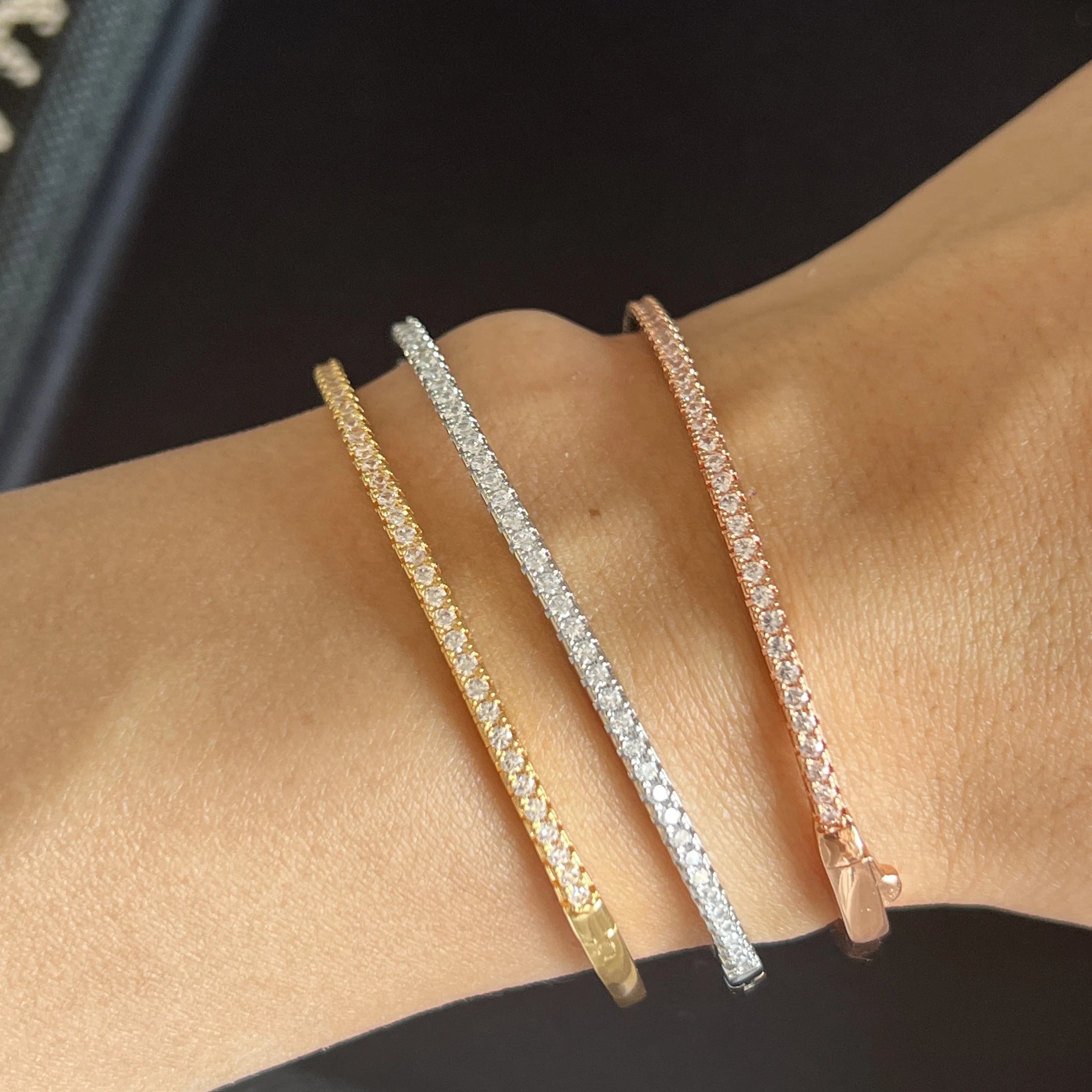 Pure 925 Sterling Silver Full Diamond Bracelet Classic Design Party Jewelry Friendship Bracelet Silver Bangle Rose Gold 17CM