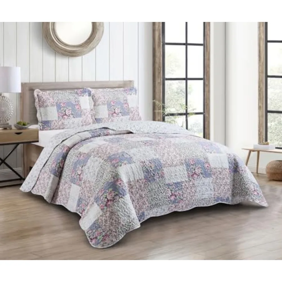 

Комплект постельного белья Roses Toile из 3 предметов: традиционный яркий лоскутный дизайн, моющееся и двустороннее покрывало, мягкое легкое покрывало A