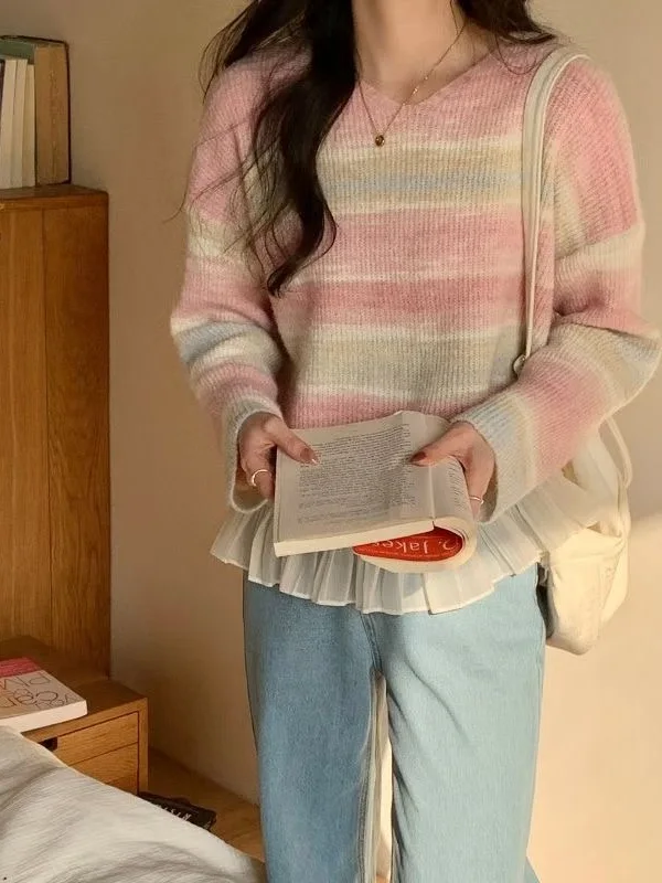 

Вязаный свитер в милую полоску, женский лоскутный свитер с рюшами, круглый, противоизносный, длинный свек, обычный, тонкий, осенне-зимний, новый Sle