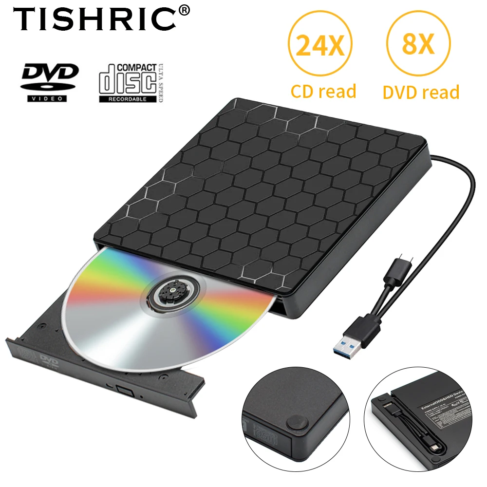 TISHRIC External CD DVD RW Optical Drive USB 3.0 Type C Reader Player DVD Can\'t Writer Super Drive For Laptop Desktop PC