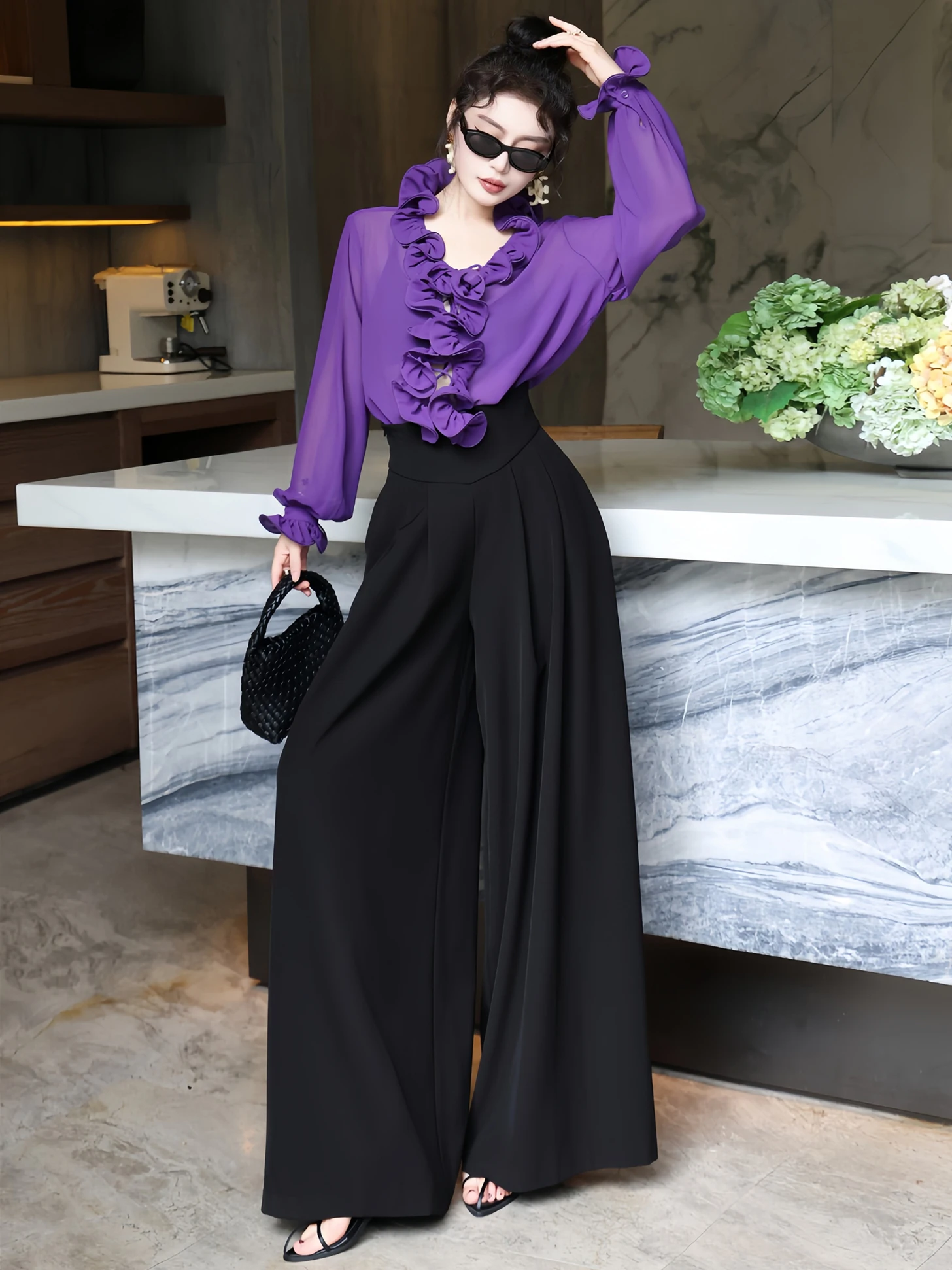 

Ele Purple irt for Women Floral Collar Light Luxury Spring Summer New Sle French Sle Loose Fit Long Sve irt