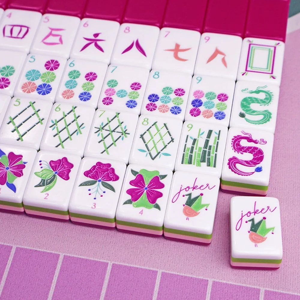 

4 Layer Acrylic Mahjong Game 160 American Mahjong Tiles with Pink Back Portable Travel Board Set Party Game Surprise Gifts
