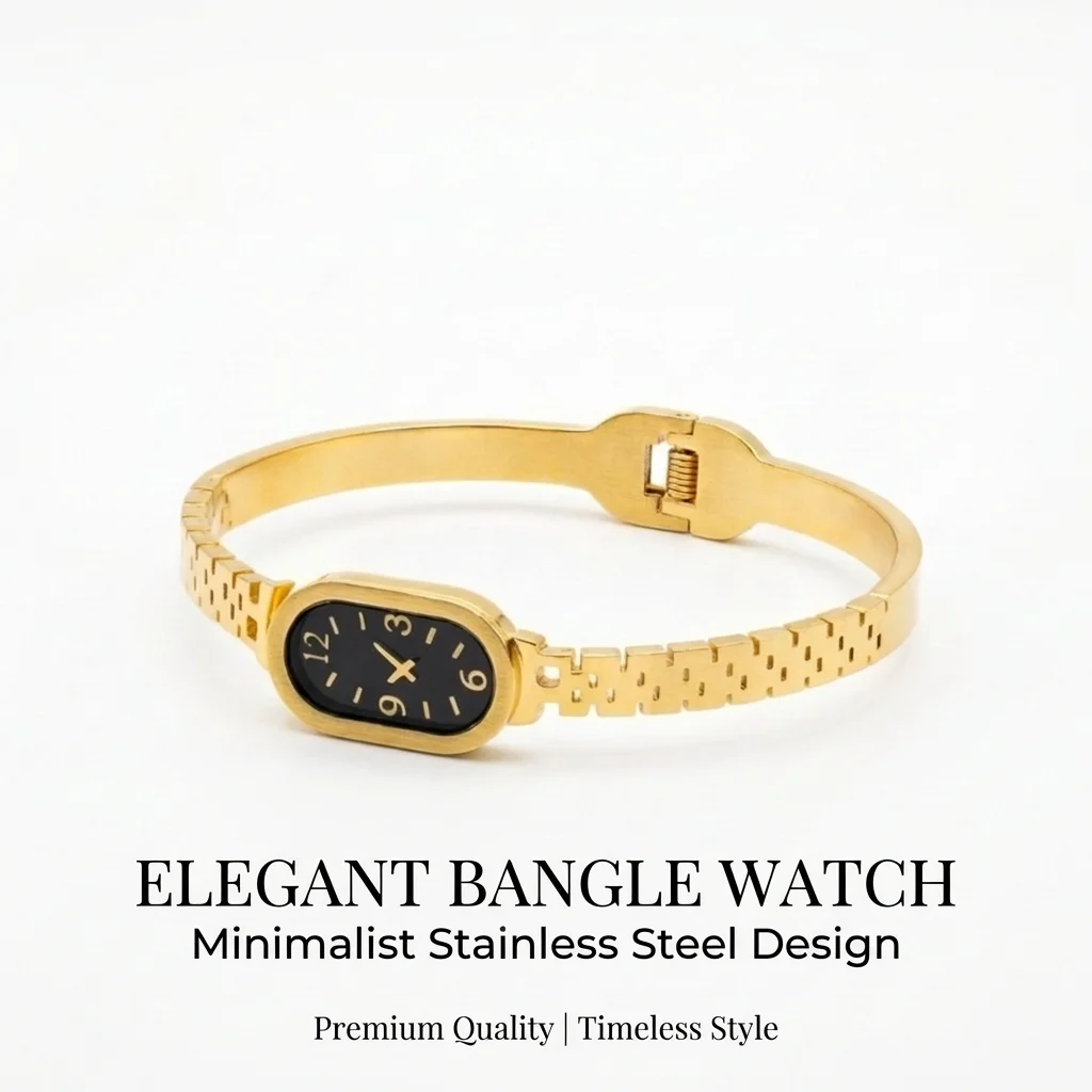 Goldfarbenes Uhren-Design-Armband, Edelstahl-Armreif für Damen, Modeschmuck-Geschenk, 60mm Durchmesser, Federmechanismus zum Öffnen