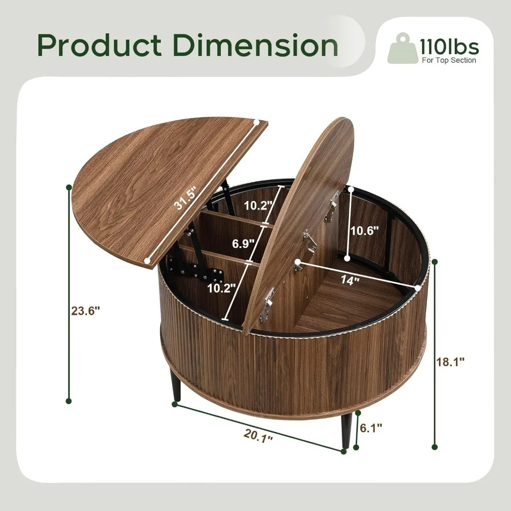 31.5インチ収納付き丸型コーヒーテーブル、溝付きリフトトップセンターテーブル、ミッドセンチュリーモダンフリップトップ曲線テーブル（リビングルーム用）