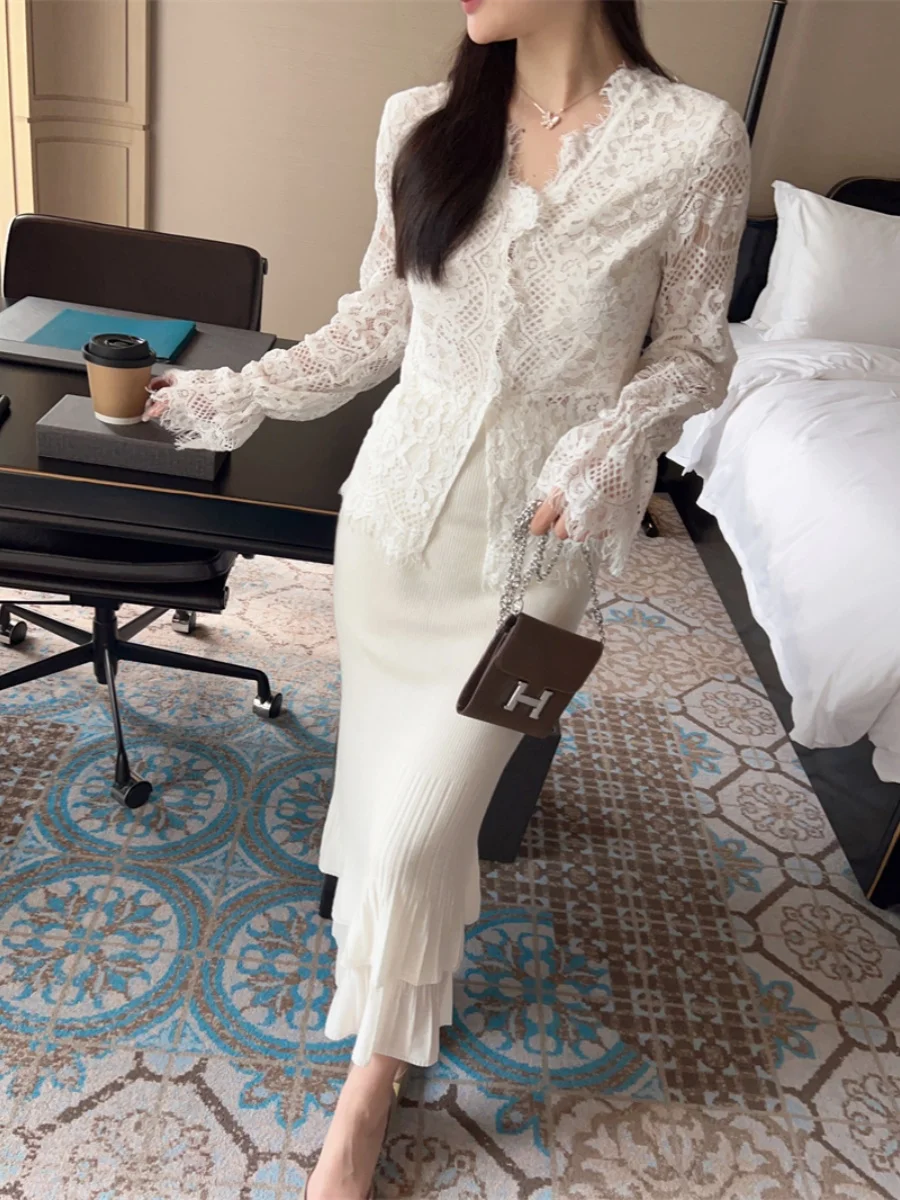 

Ele Lace Blouse Set Women's Commute Sle Long Sve Stand Collar Color Inner Wear irt up