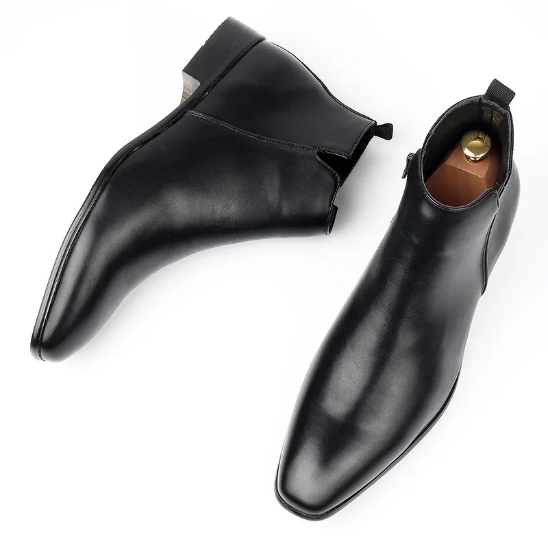 Man Mid Calf Boots Men Zipper Chunky Heels Female Footwear  Leather Short Boots Fashion Men's Shoes Botas De Mujer