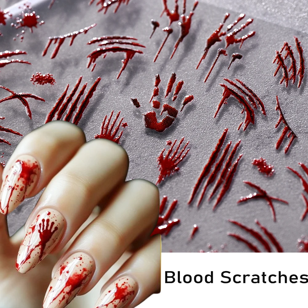 5D Halloween Nail Art Stickers Bloody Hand Scarlet Scratches Horror Adhesive Nail Decorative Decals Halloween Party Nail Sliders