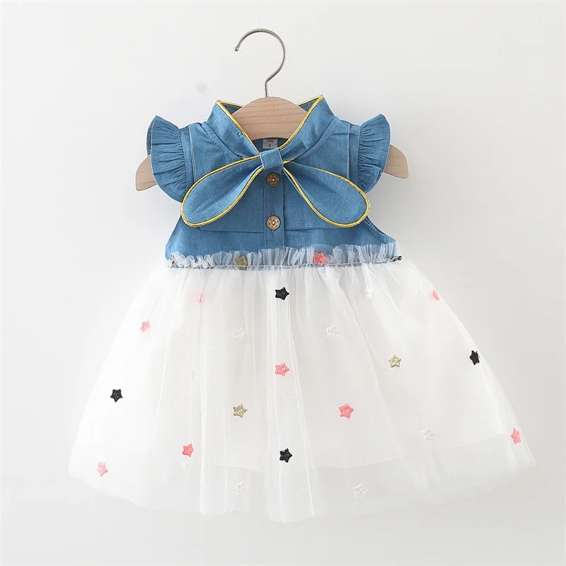 Baby Girl Summer New Dress Navy Neck Denim Skirt Star Mesh Fluffy Skirt 0-3 Years Old Baby