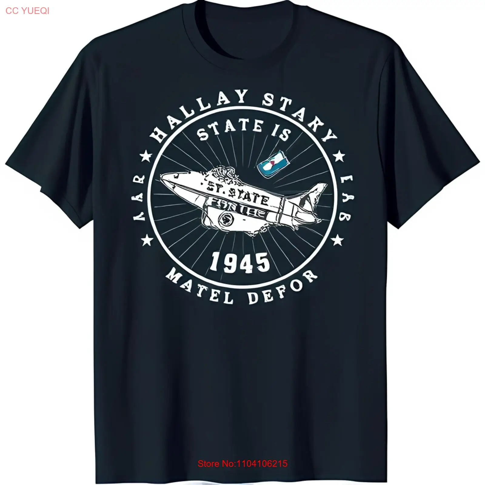 Vintage Airplane Graphic T-Shirt Dark Blue Circle Design 1945 Hallay Stary State