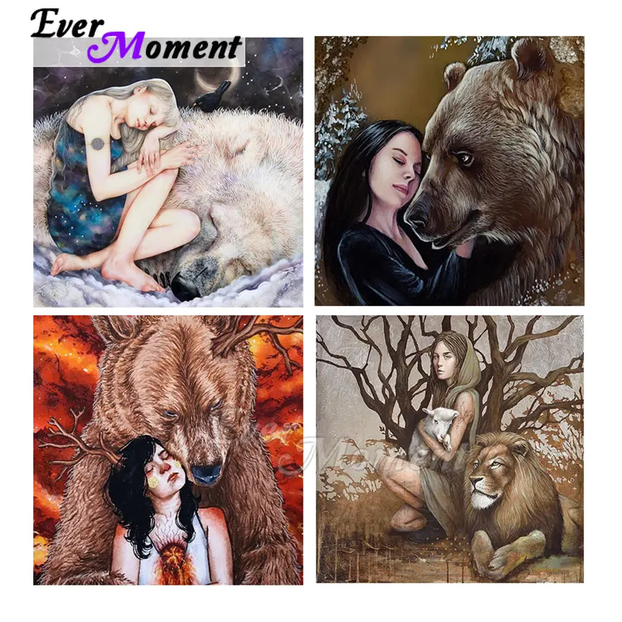 

Ever Moment Алмазная картина Художественная коллекция Фэнтезийный подарок Девушка Дикое животное Бурый медведь Лев Вышивка крестиком 5D ASF2332