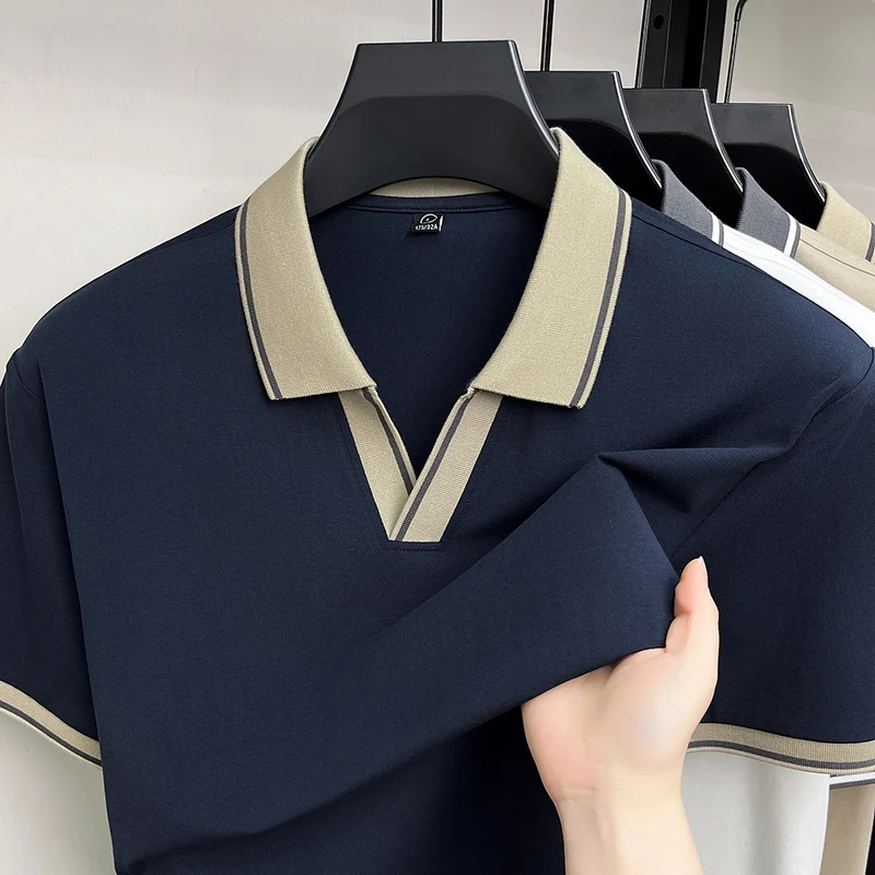 Personality color blocked short sleeve men's polo shirt luxury new style casual breathable comfort summer fashion V-neck T-shirt