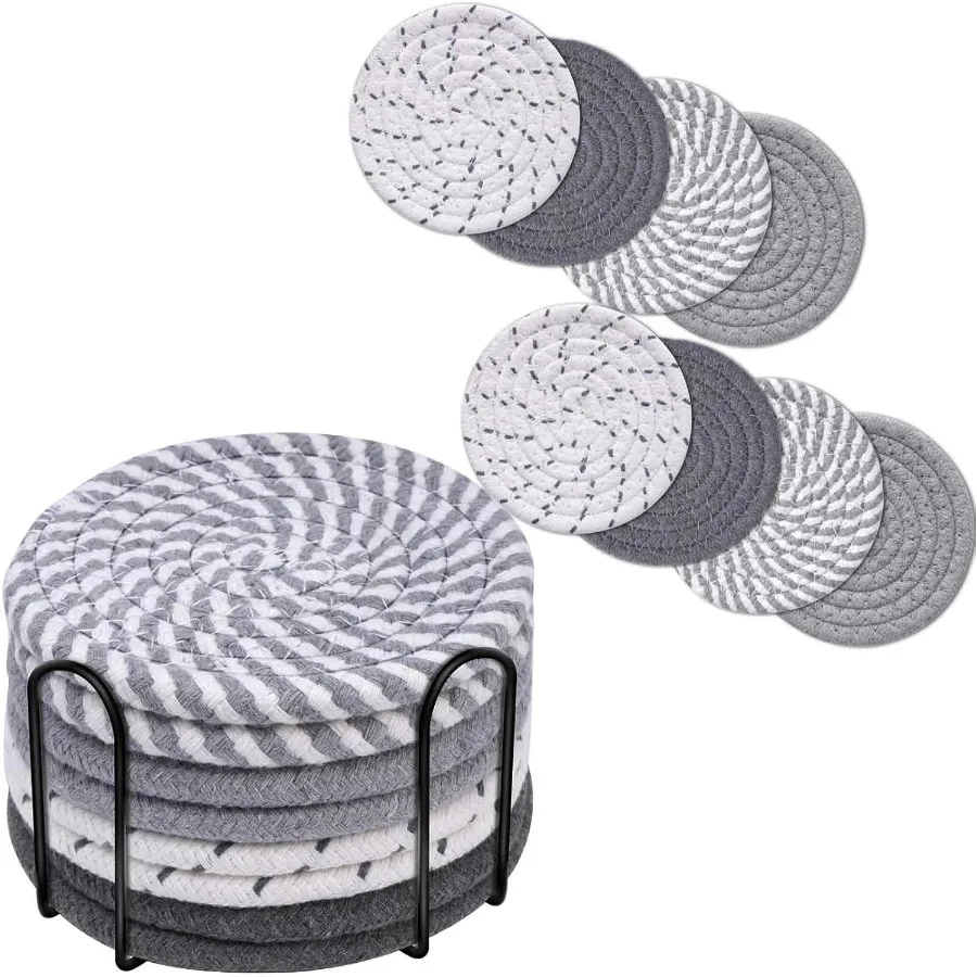 

Drink Coasters 8 Pack with Holder 4-Color Cotton Woven Absorbent Coasters Set Minimalist 4.3in Cup Mat for Home Decor Dining Ta