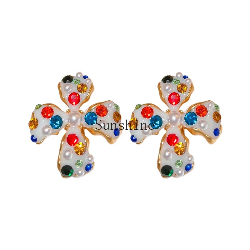 Diamond-set pearl flower simple and sweet no ear clip temperament earrings